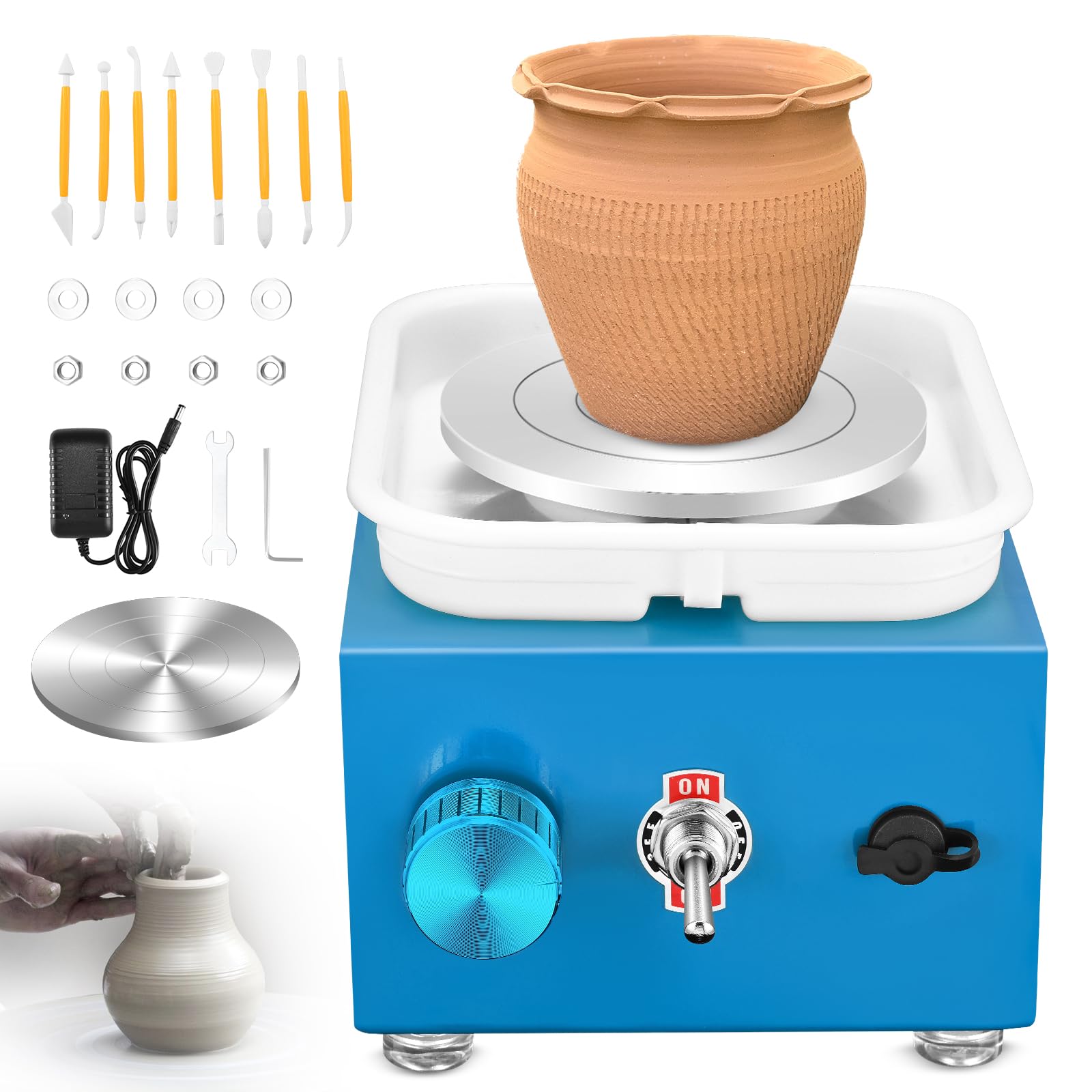 Pottery Wheel, Mini Pottery Wheel with Strong Motor 2000RPM Adjustable Speed, Potters Wheel with 10/6.5cm Plates and Sculpting Tools, Ceramic Pottery Tools Pottery Kit for Kids and Adults, Blue