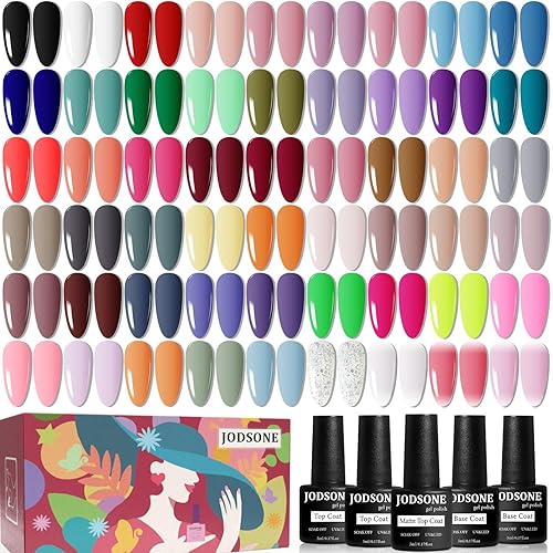 JODSONE Juego de 60 esmaltes de uñas de gel con 5 botellas de base y capa superior mate brillante, juego de uñas de gel para remojar, adecuado para