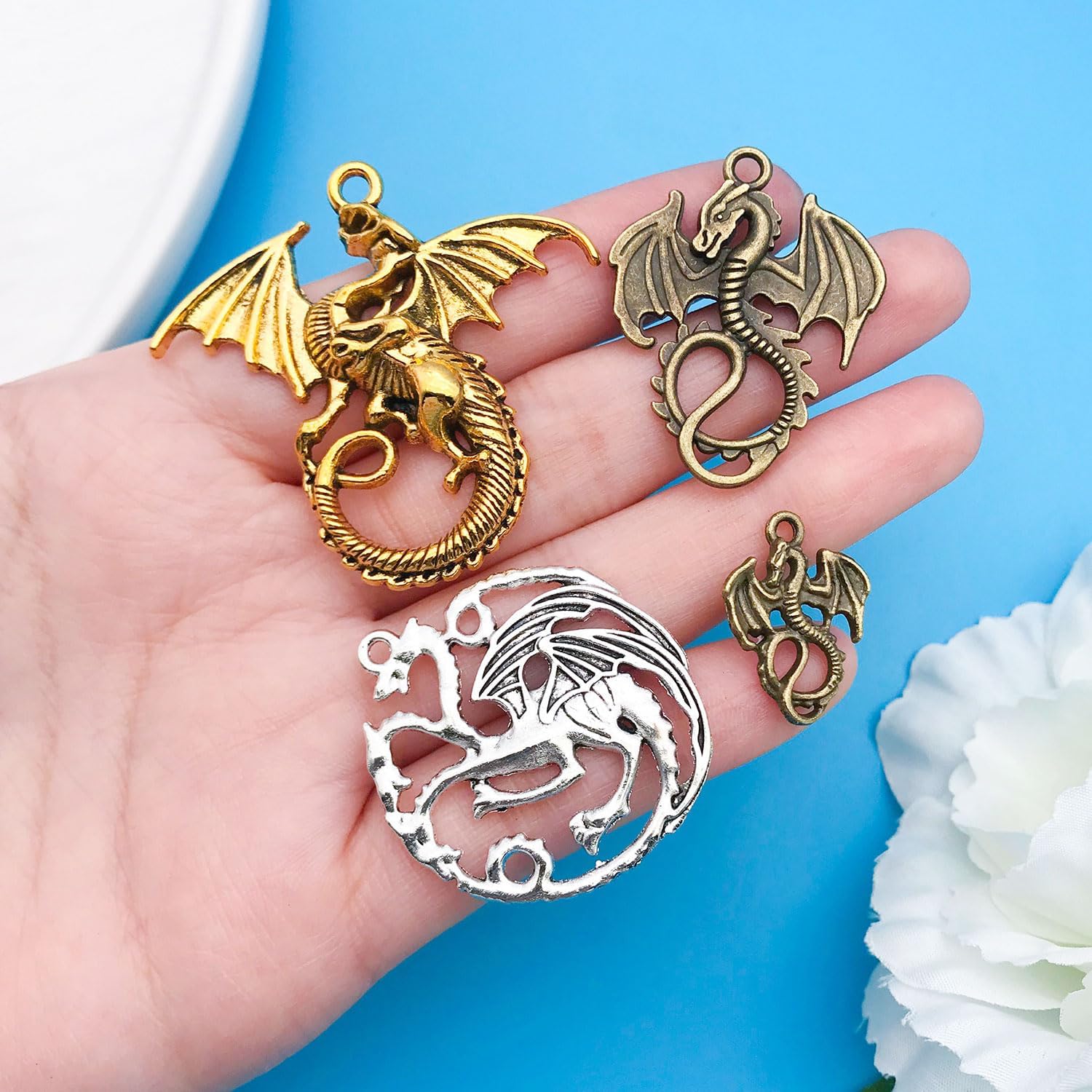 Youdiyla 20Pcs Little Fire Dragon Series Antique Silver KC Gold Pendant Jewelry Making DIY Keychain Earrings Pendant Various Design Charms for Jewelry Making Bracelets Necklace (M15) - Image 4