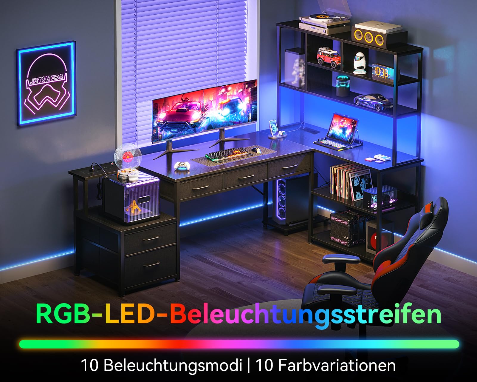 Coleshome Biurko Narożne z 5 Szufladami i 4 Półkami, 180×100×154.2 cm Biurko w Kształcie L z LED, Gniazdkami i USB, Duże Biurko do Pracy Zdalnej, Czarny