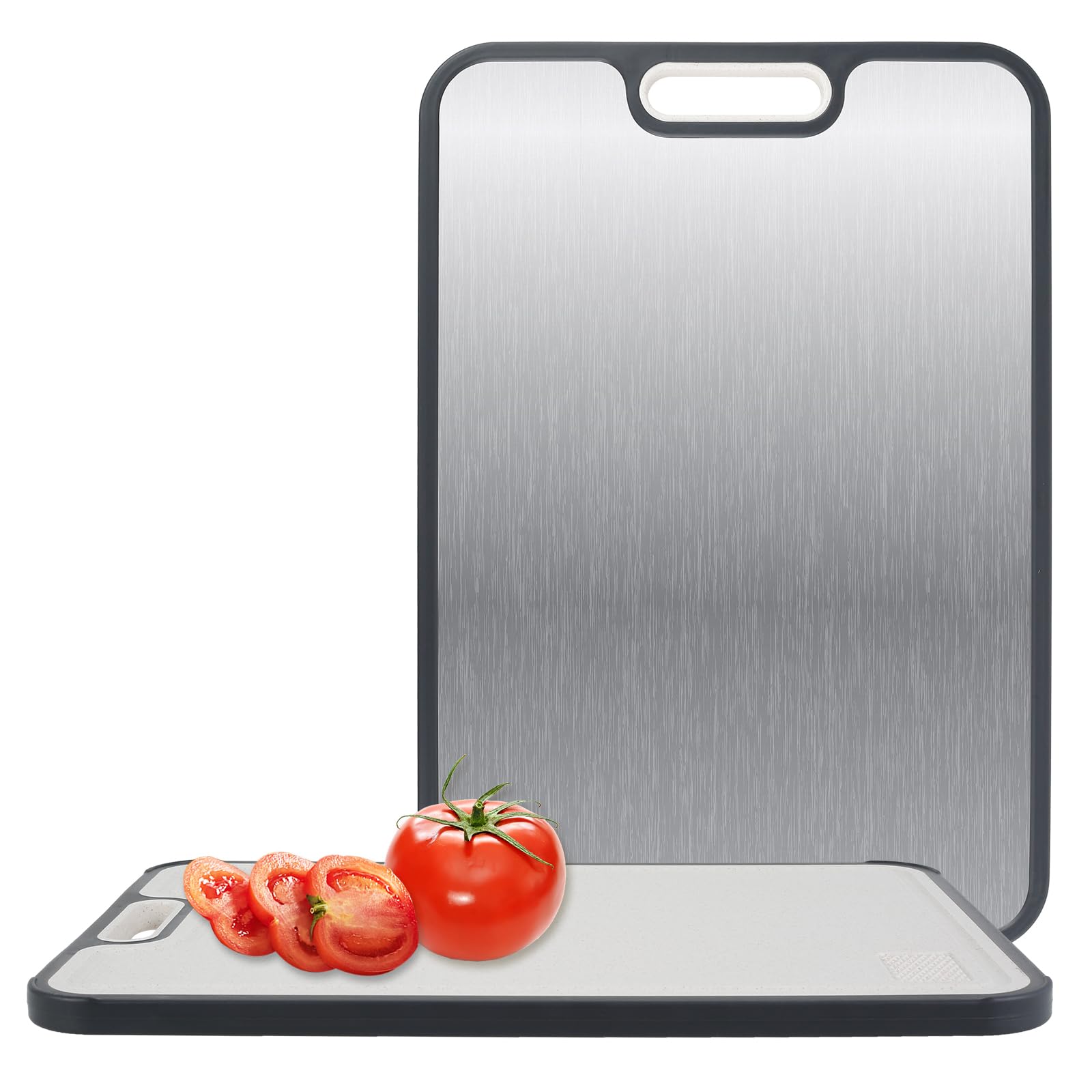 Tabla de cortar de doble cara, resistente de acero inoxidable y polipropileno, tabla de cortar con área de molienda, tabla de cortar carne, apta para lavavajillas para cortar carne cruda y cocida