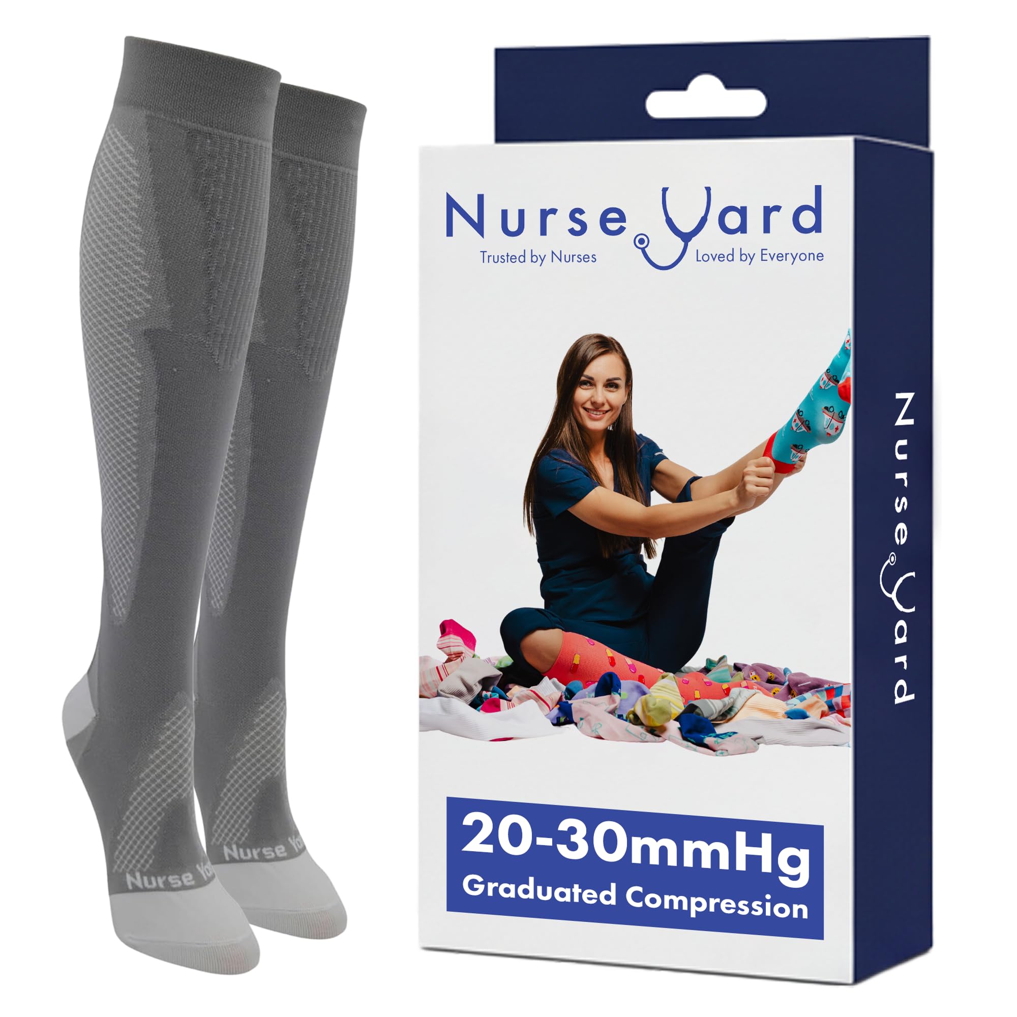 Nurse Yard Compression Socks for Nurses - Women & Men - 20-30mmHg Graduated Compression, For Medical Staff, Athletes - 1 Pair, Core2grey, L-XL