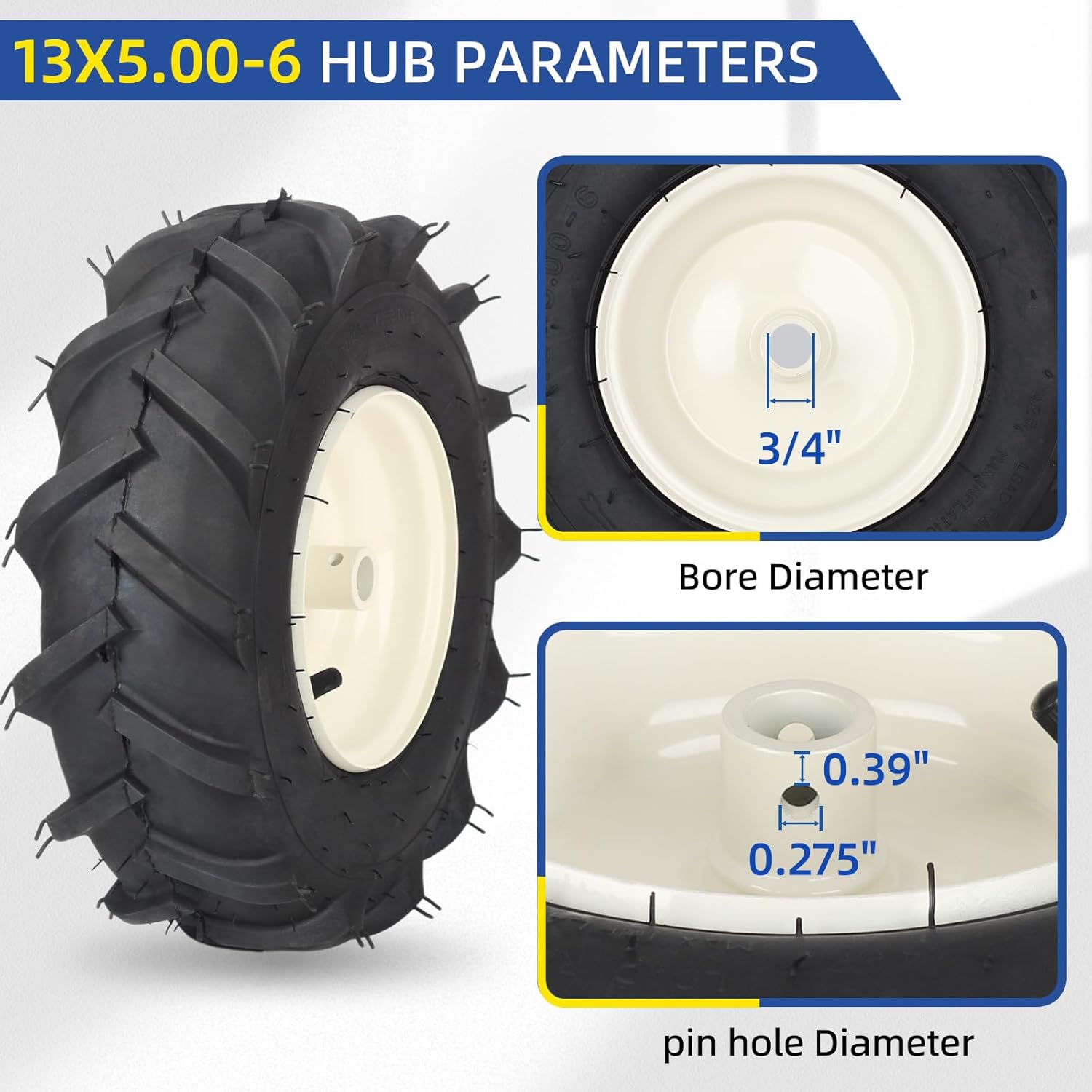 GICOOL 13x5.00-6" Tiller Tire and Wheel, 【3/4" Axle Size】, 3-1/8" Centered Hub, 13x5-6 Agriculture Super Lug Tractor & Trencher Tubeless Tire, Compatible with Craftsman & Troy-Bilt Tiller, 1 Pack