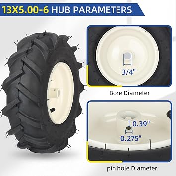 GICOOL 13x5.00-6 Tiller Tire and Wheel, 3/4 Axle Size, 3-1/8 Centered Hub, 13x5-6 Agriculture Super Lug Tractor & Trencher Tubeless Tire, Compatible with Craftsman & Troy-Bilt Tiller, 1 Pack