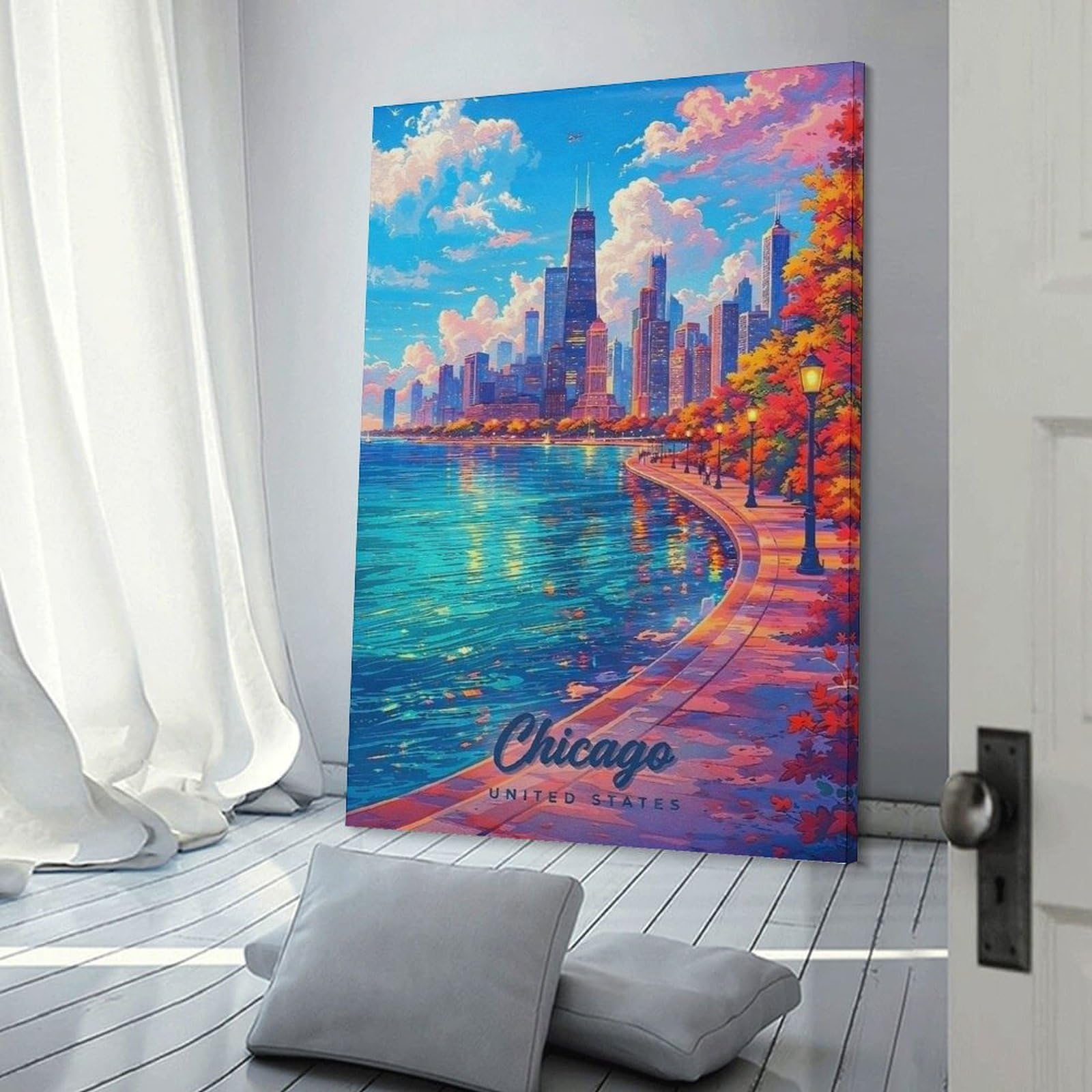 Junmoney Canvas Wall Decor Chicago Skyline in Autumn, 12x18inch(30x45cm), for Living Room, Bedroom Or Apartment Walls, A Home Accent with Warm Character