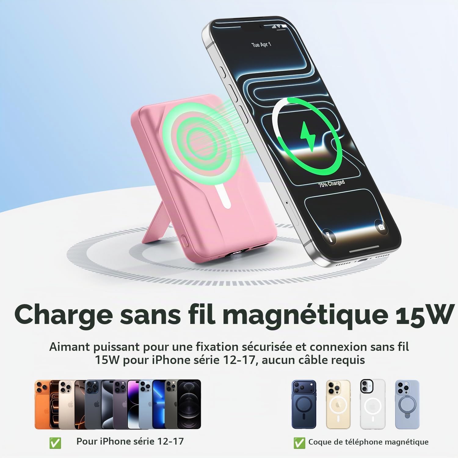 Azmuth Batterie Externe iPhone Magnétique, Compatible avec MagSafe 10000mAh sans Fil Power Bank, 22.5W PD Charger Rapidement Powerbank avec écran LED, pour iPhone 17/16/15/14/13/Pro/Pro Max-Rose