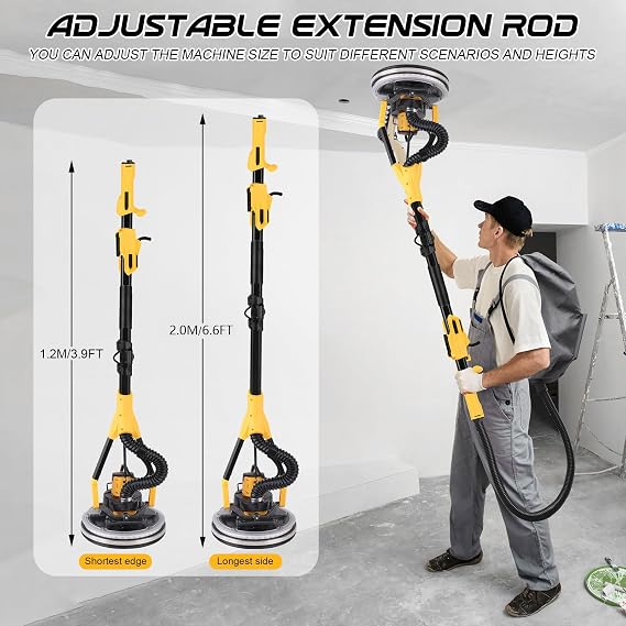 Brushless Drywall Sander, 1200W 10-Amp Popcorn Ceiling Removal Tool with 800-2200RPM 8 Variable Speed 12pcs Sanding Discs Drywall Sander with Vacuum Dust Collector LED Light for Ceiling Sanding