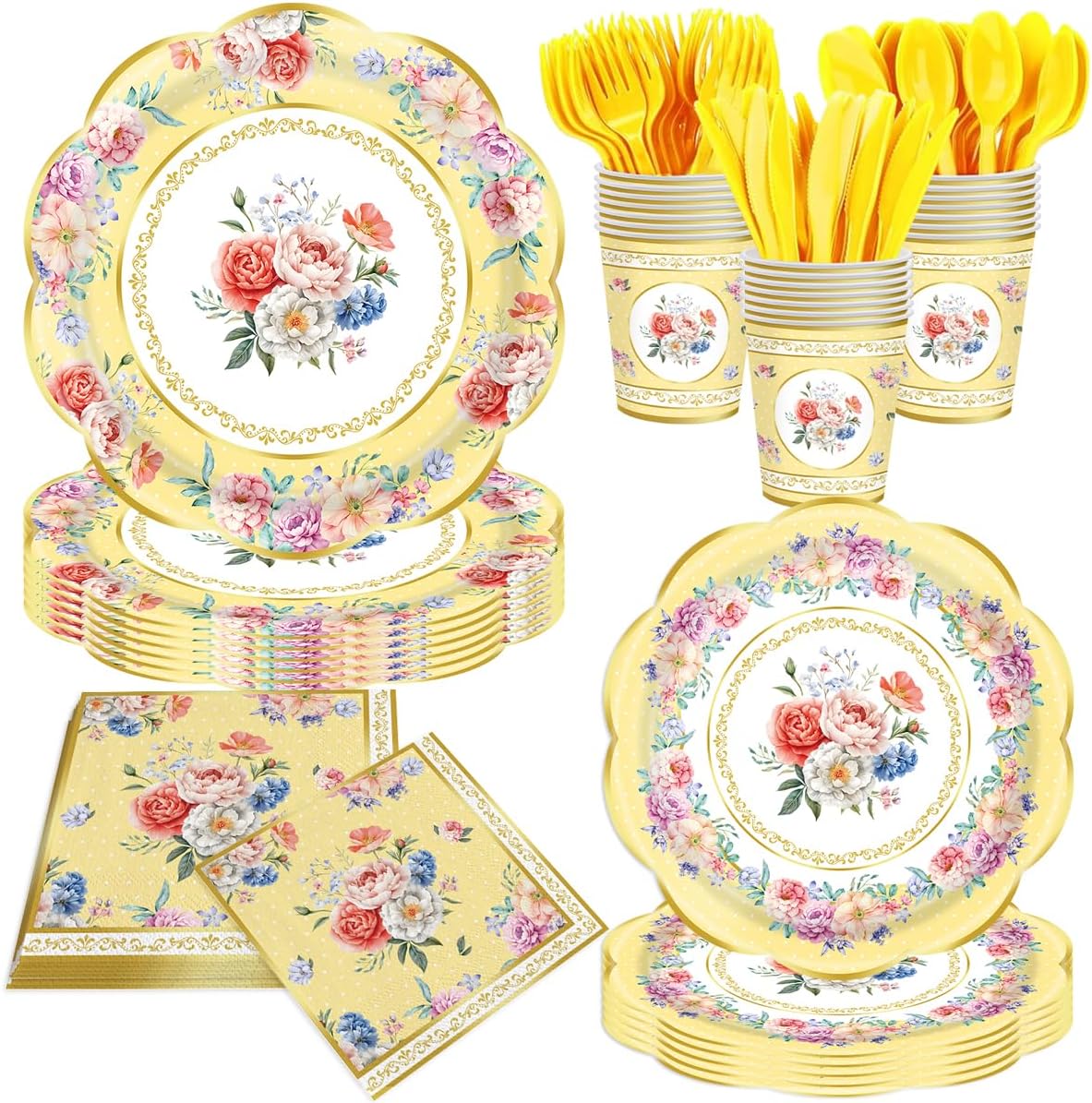 140Pcs Tea Party Decorations Tableware Set Floral Plates and Napkins for Birthday Party, Baby Showers, Bridal Showers, Wedding Bachelorette Party Supplies Floral Tea Party Plates, Serves 20 (Yellow)