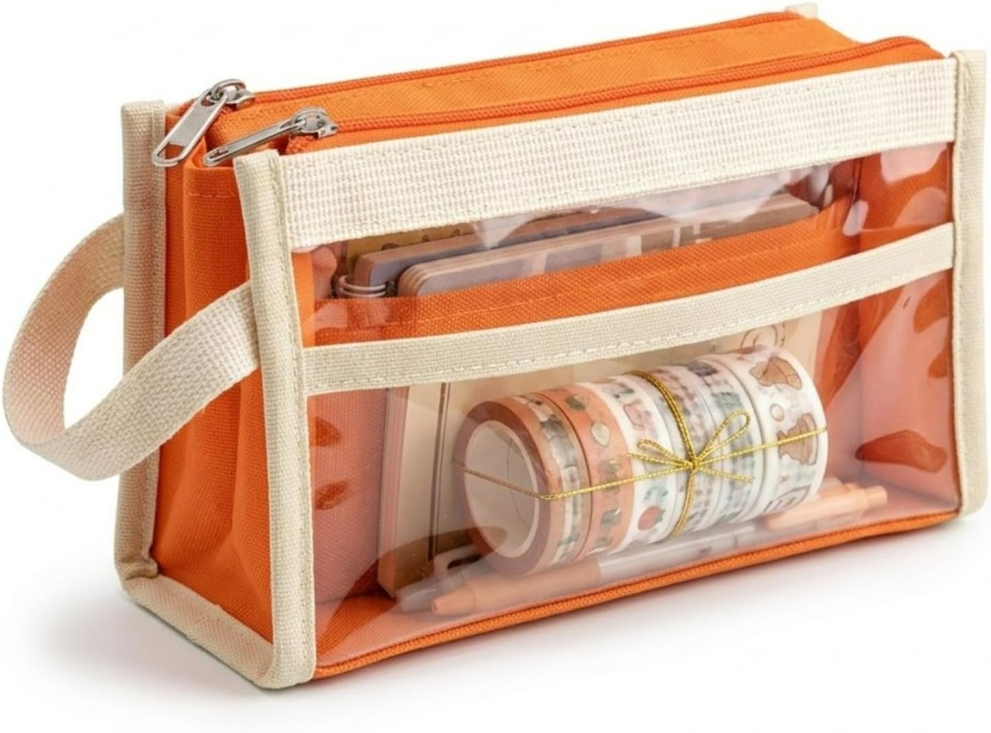 Transparent Mesh Organizer Pouch Waterproof Travel Storage Case Art Supply Holder for Office Desk and Leisure Trips (Orange)
