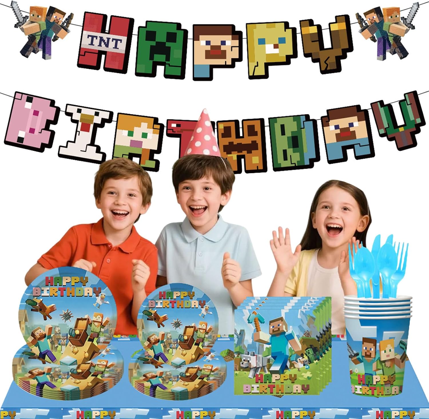 Pixel Birthday Party Decorations, Gamer Party Tableware Set Including Paper Plates, Banner, Napkins, Paper Cup, Tablecloth, Fork, Knife, Spoon