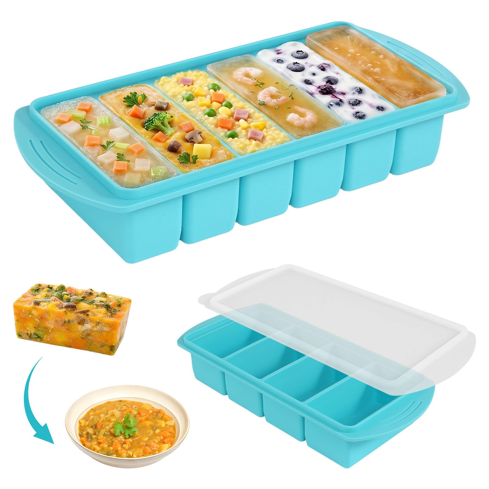 HURODZ Pack of 2 Soup Freezing Containers, 150 ml 250 ml Silicone Freezer Mould with Lid, BPA Free Silicone Freezing Tray, Silicone Mould Freezing for Soup, Broth, Sauce, Meal Prep (Blue 4 and 6 Grids