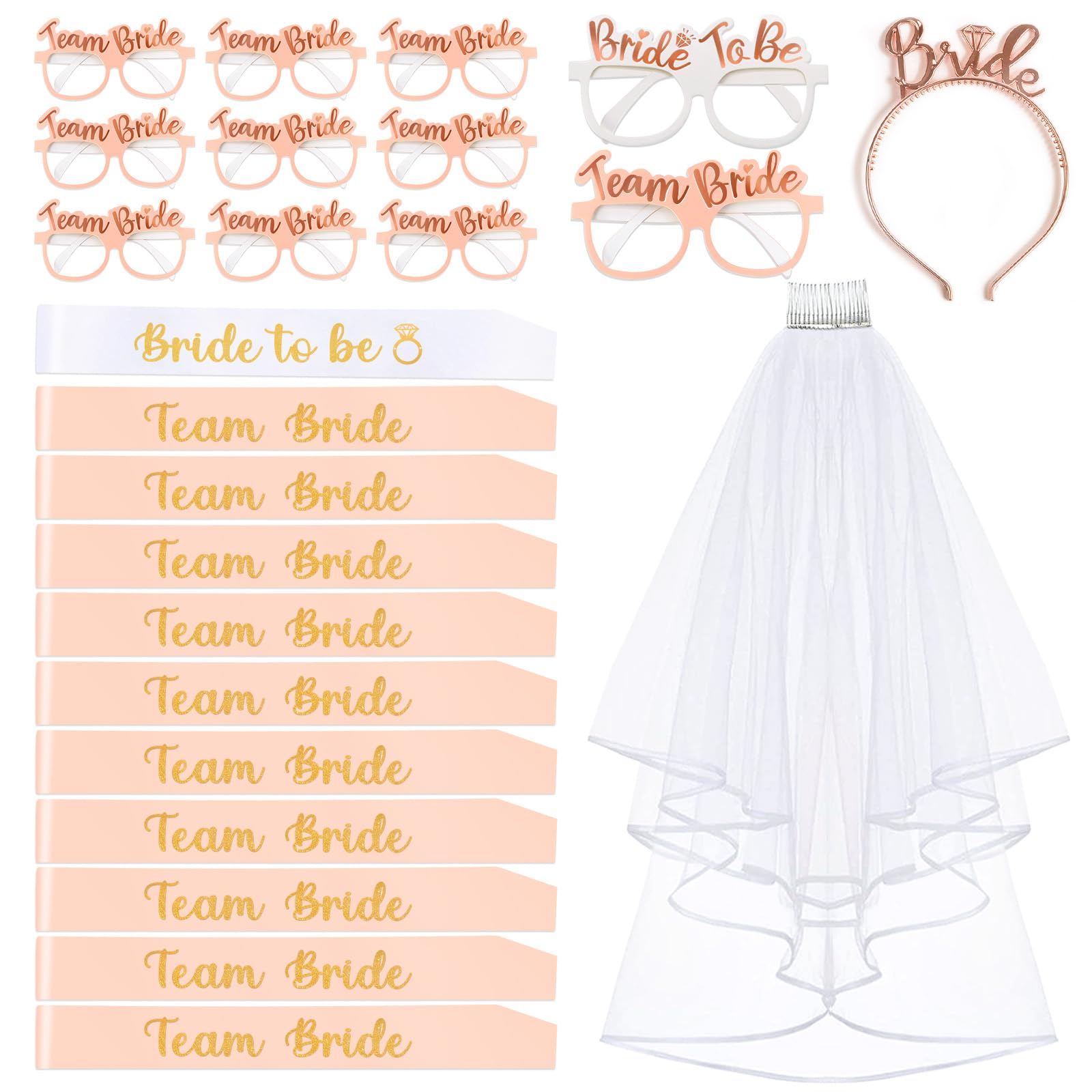 Yueshop 24 PCS Hen Party Accessories, 1 Bride to be Sash + 10 Team Bride Sash + 11 Hen Party Glasses + 1 Hen Party Veil + 1 Bride to be Tiara, Hen Do Accessories, Hen Night Accessories Decoration