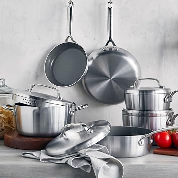 GreenPan GP5 Stainless Steel 5-Ply Healthy Ceramic Nonstick 13 Piece Cookware Pots & Pans Set, Frying Pans, Saute, Saucepans, Stock Pot, Scratch Resistant, Induction,Dishwasher & Oven Safe, PFAS-Free