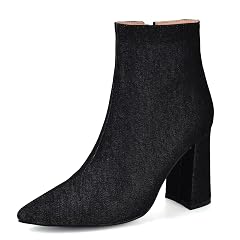 Elbslutt Womens White Pointed Toe Booties Chunky Block Heel Ankle Boots Side Zipper Short Boots