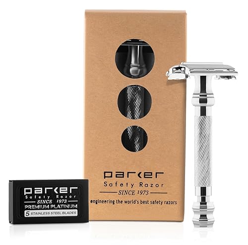Parker Safety Razor 99R, rasuradora de mango largo, segura, abierta, de doble filo, puente resistente y 5 cuchillas cromadas súper afiladas