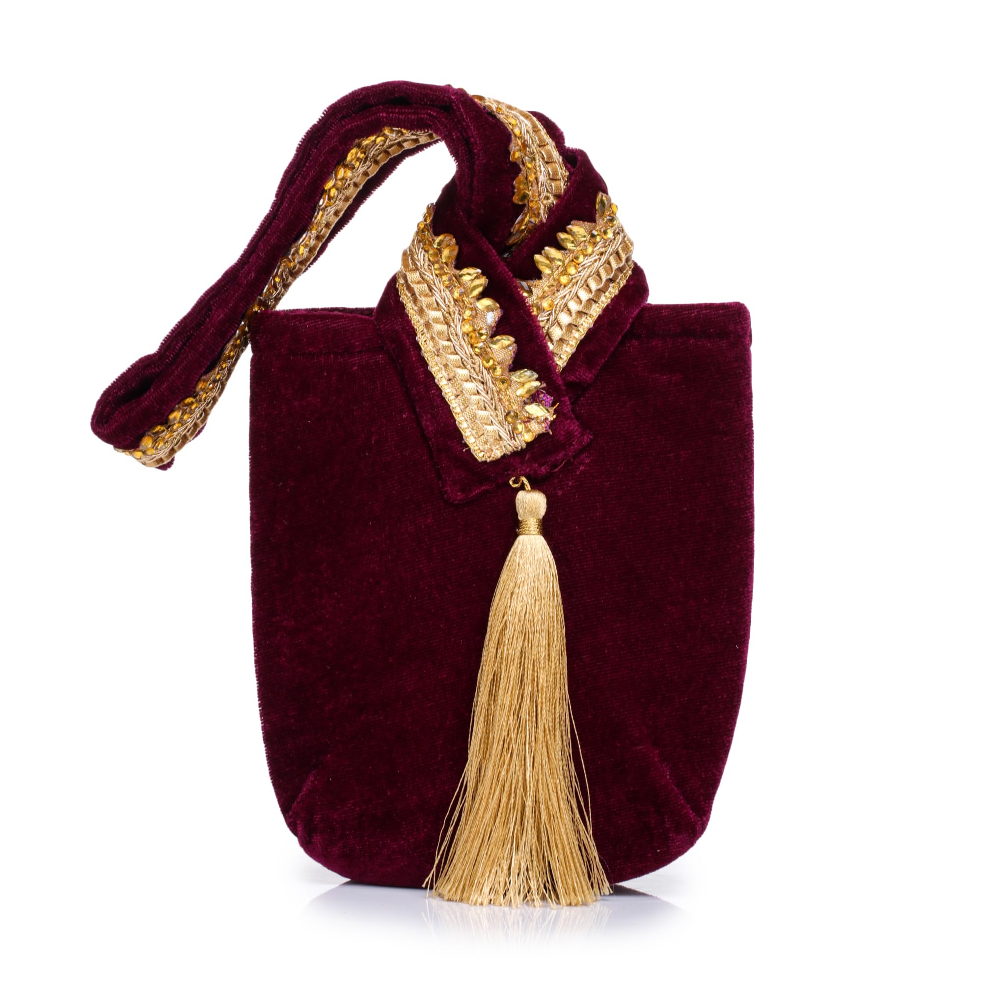 athizay Ethnic Handbags for Women Regal Velvet Pouch Bag handcrafted Lace Work Strap with Golden Tassel Embelishment (Dark Maroon, Red Wine, Golden)-picture-28