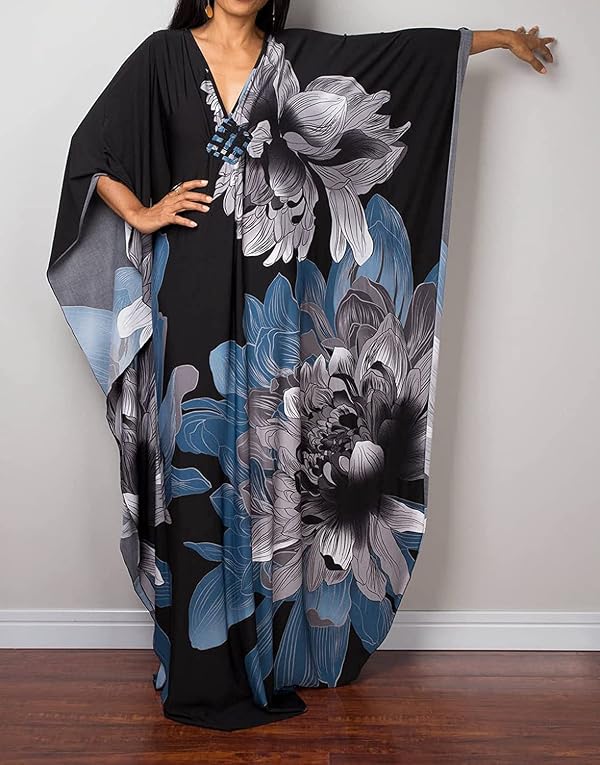 Cover up for Women Plus size Fashion Vneck Coveup Tie Dye Kaftan Long dresses Batwing Sleeve Casual Loungewear Maxi Dress Grey Flower Kaftans Batwing Sleeve Caftans oversized(ON-8693-16-grey Flower) by Onhaway - Image 6