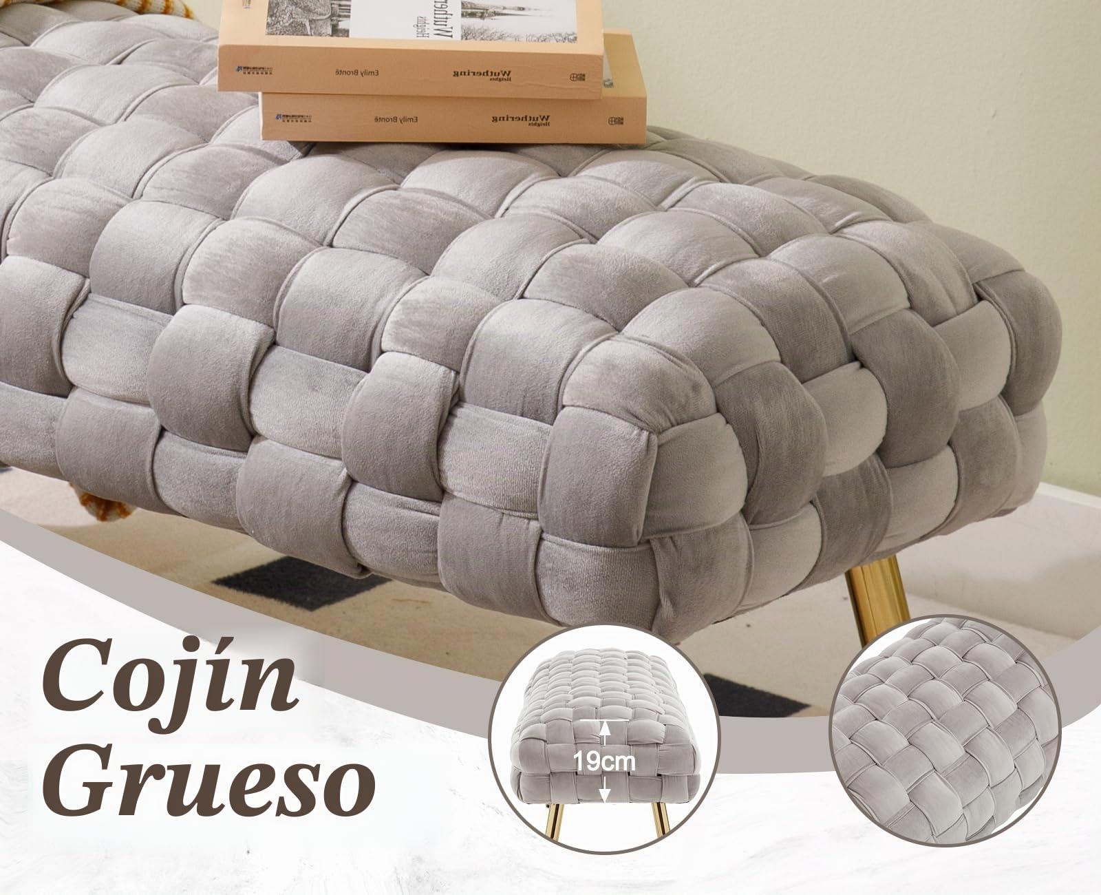 Banco Otomano de Terciopelo Tapizado con Patas de Metal Dorado, Asiento para Ventana para Dormitorio y Sala de Estar, Gris