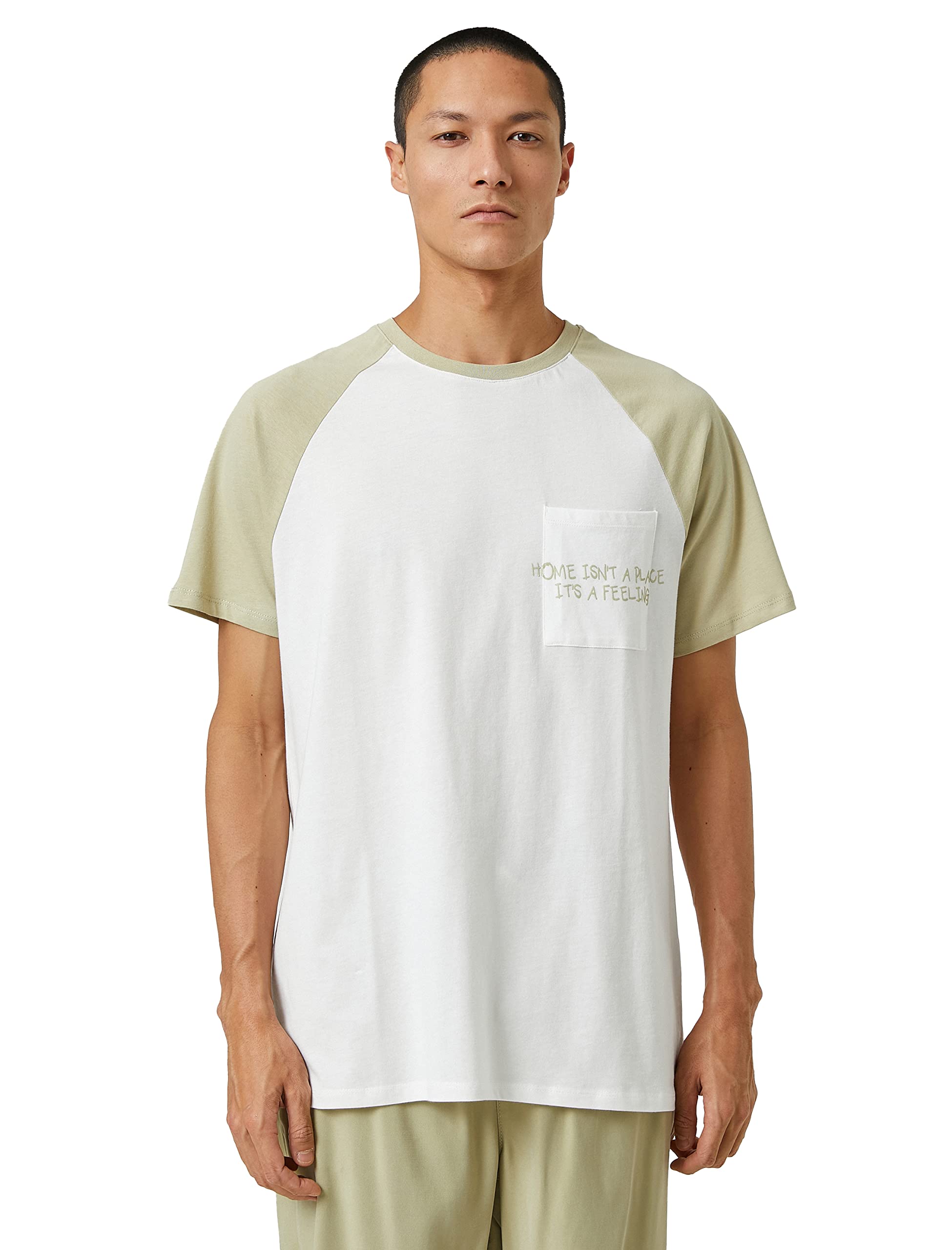Koton Men's Slogan Embroidered Raglan Sleeve Crew Neck Pocket Detailed T-Shirt, Ecru (021), L