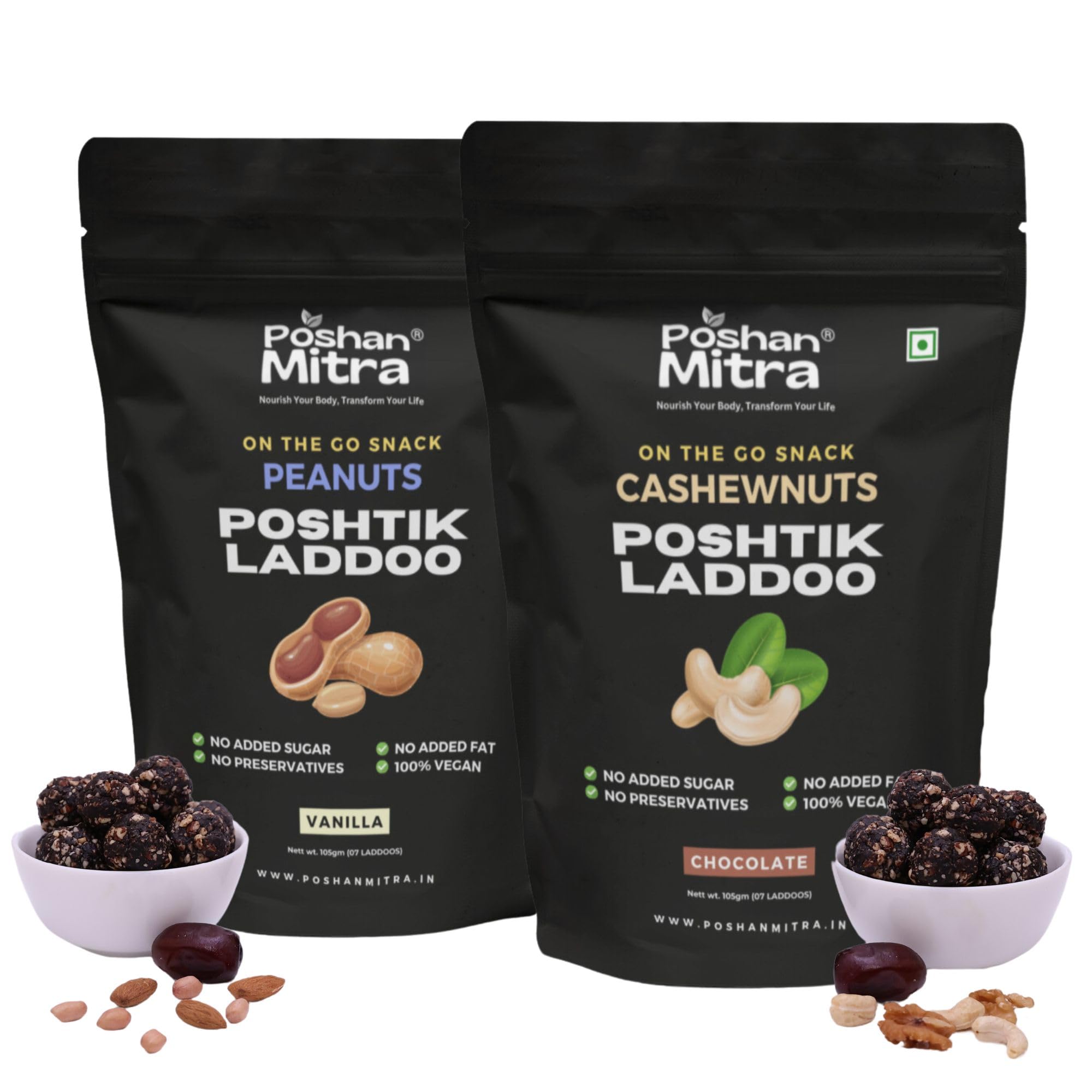 POSHAN MITRA Peanuts Vanilla & Cashewnuts Chocolate Poshtik Laddoos | Healthy Laddoo | Peanut Energy Balls | Energy Bar Replacement | Dry Fruits Energy Balls | Snacks for Students - Pack of 2 (210GM)