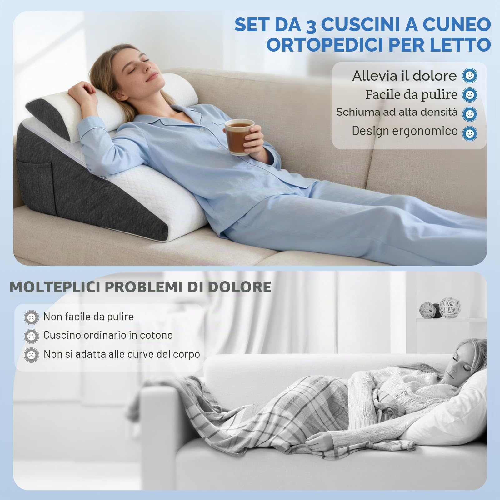 Cuscino a cuneo con strato in memory foam e cotone -Cuscino di supporto inclinazione regolabile in altezza e tasche laterali -Cuscino per dormire e leggere per divano e letto, bianco+grigio