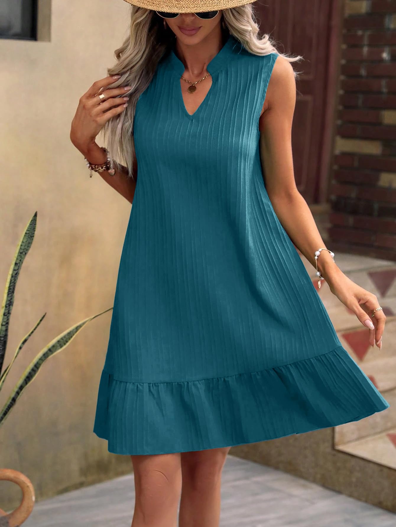 Zeagoo Vestiti Estivi Donna Scollo a V Abito Corto Senza Maniche Vestito Ruffle Eleganti da Spiaggia Casual Abitos a Canotta