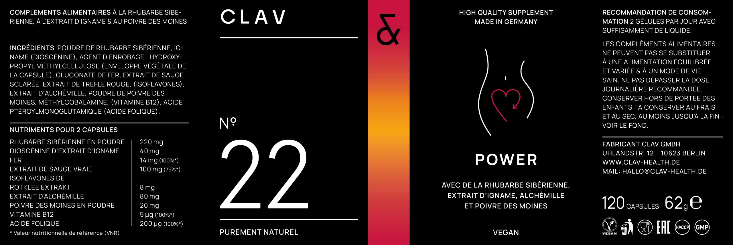 CLAV® Power – Équilibre Féminin & Cycle – Complexe avec Gattilier (Vitex), Alchémille, Igname Sauvage, Sauge, Trèfle Rouge & Rhubarbe – Avec Fer, B12 & Acide Folique – 120 Gélules – Vegan