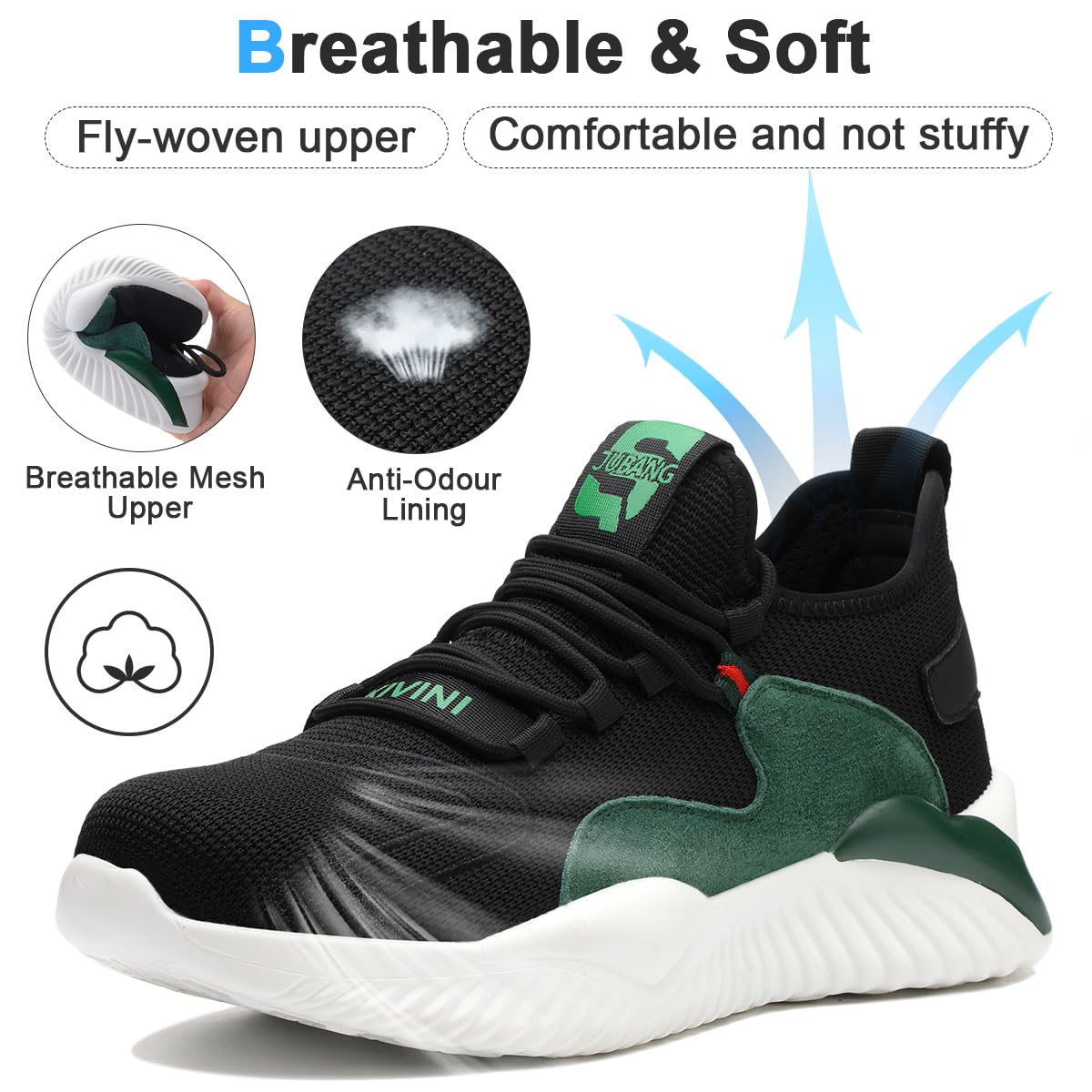 Męskie buty ochronne, damskie, buty robocze ze stalowym noskiem, lekkie, oddychające, stylowe, trekkingowe, czarny, zielony, 37 EU