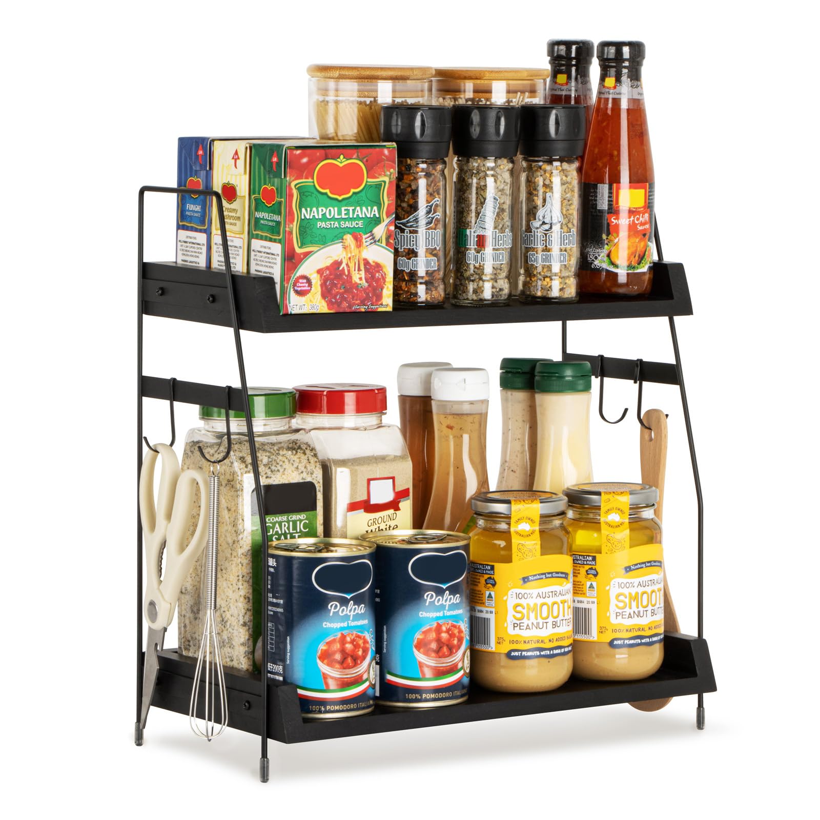 Puersi Black Kitchen Countertop Organizer, 2 Tier Coffee Station Organizer, Wooden Storage & Organization With Hooks, Kitchen Shelf, Spice Rack, Cupboard Organiser