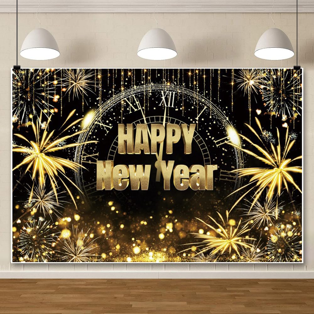 Leowefowa Telón de fondo de vinilo de 2,7 x 1,8 m, diseño de feliz año nuevo, fuegos artificiales brillantes y dorados, fondo de fiesta de Año Nuevo, pancarta de fotografía, accesorios para cabina de