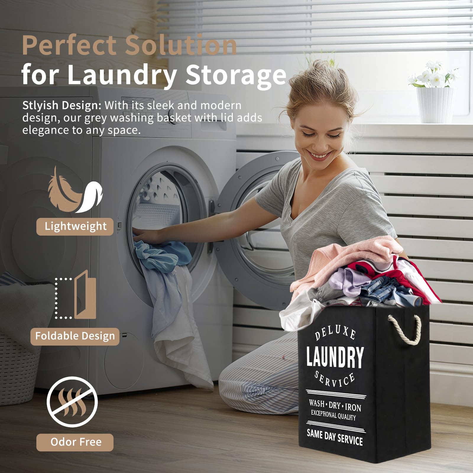 72L Laundry Basket with Lid,Black Large Collapsible Laundry Hamper with Handles,Dirty Clothes Hamper for Dirty Clothes,Bedroom,Bathroom,Laundry Room,Dorm - Image 3