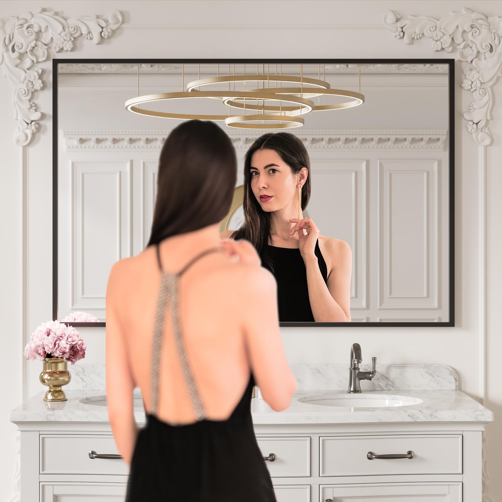 loaao 60"x40" black rectangle bathroom mirror wall, matte black aluminum alloy frame, tempered glass, hangs vertically or horizontally, easy to install