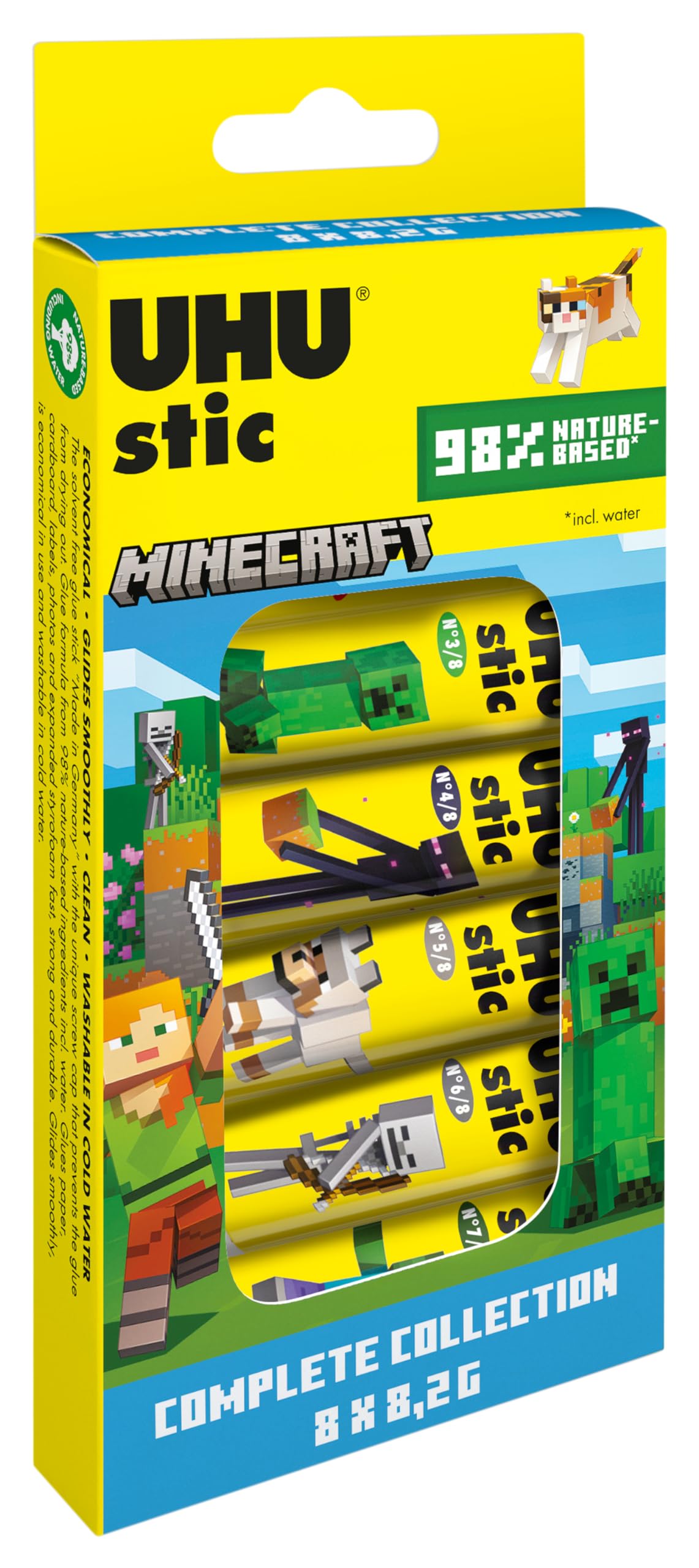 UHU Stic Minecraft Limited Edition Collezionabili, Colla Stick per la Scuola Adatta ai Bambini, Senza Solventi, Colla Sicura per i Lavoretti, Box Composta da 8 Stick da 8.2g