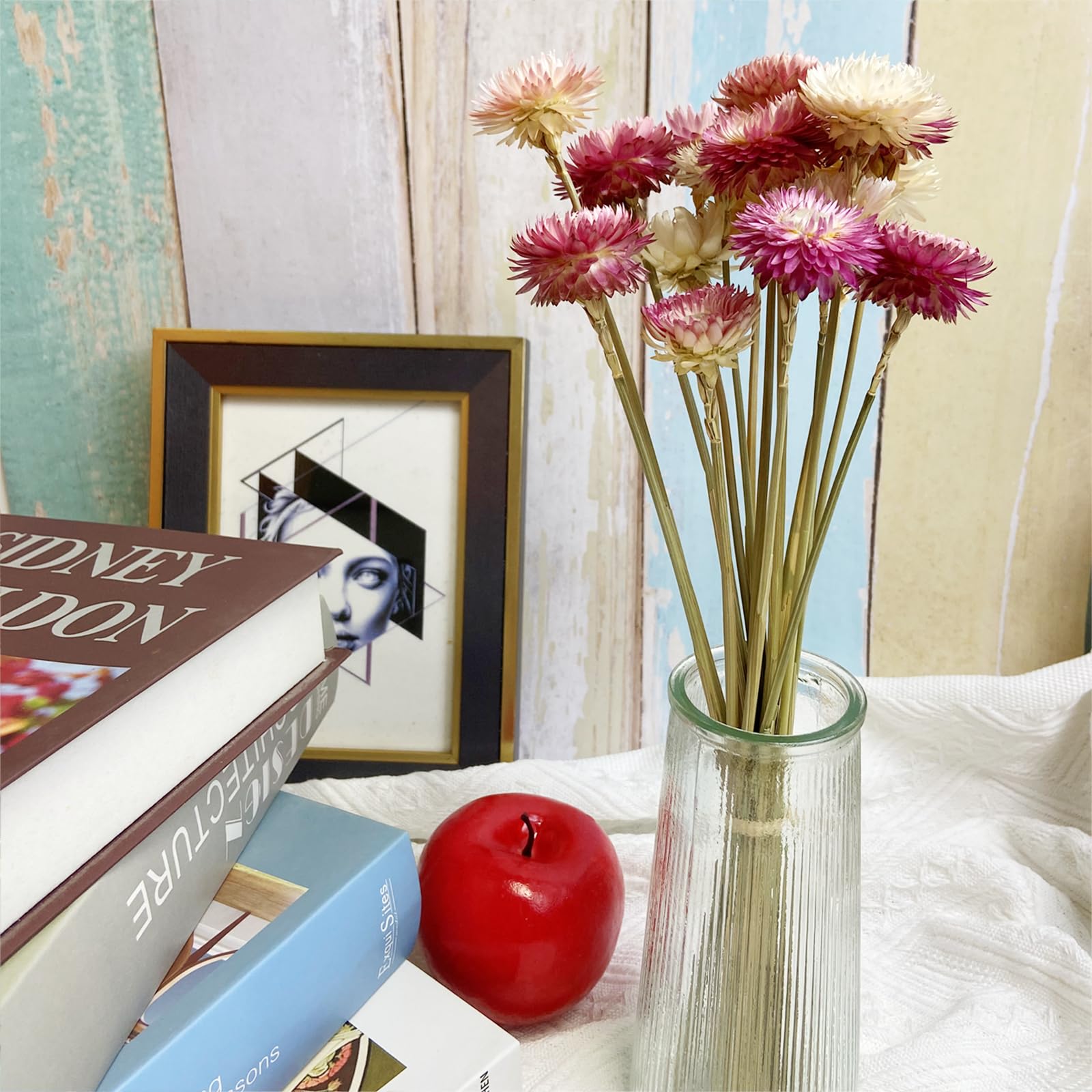 L'BREVOGA Bouquets de fleurs séchées, 16 pièces 100 % naturelles marguerites fraises pour décoration de fête à la maison – Rose et blanc