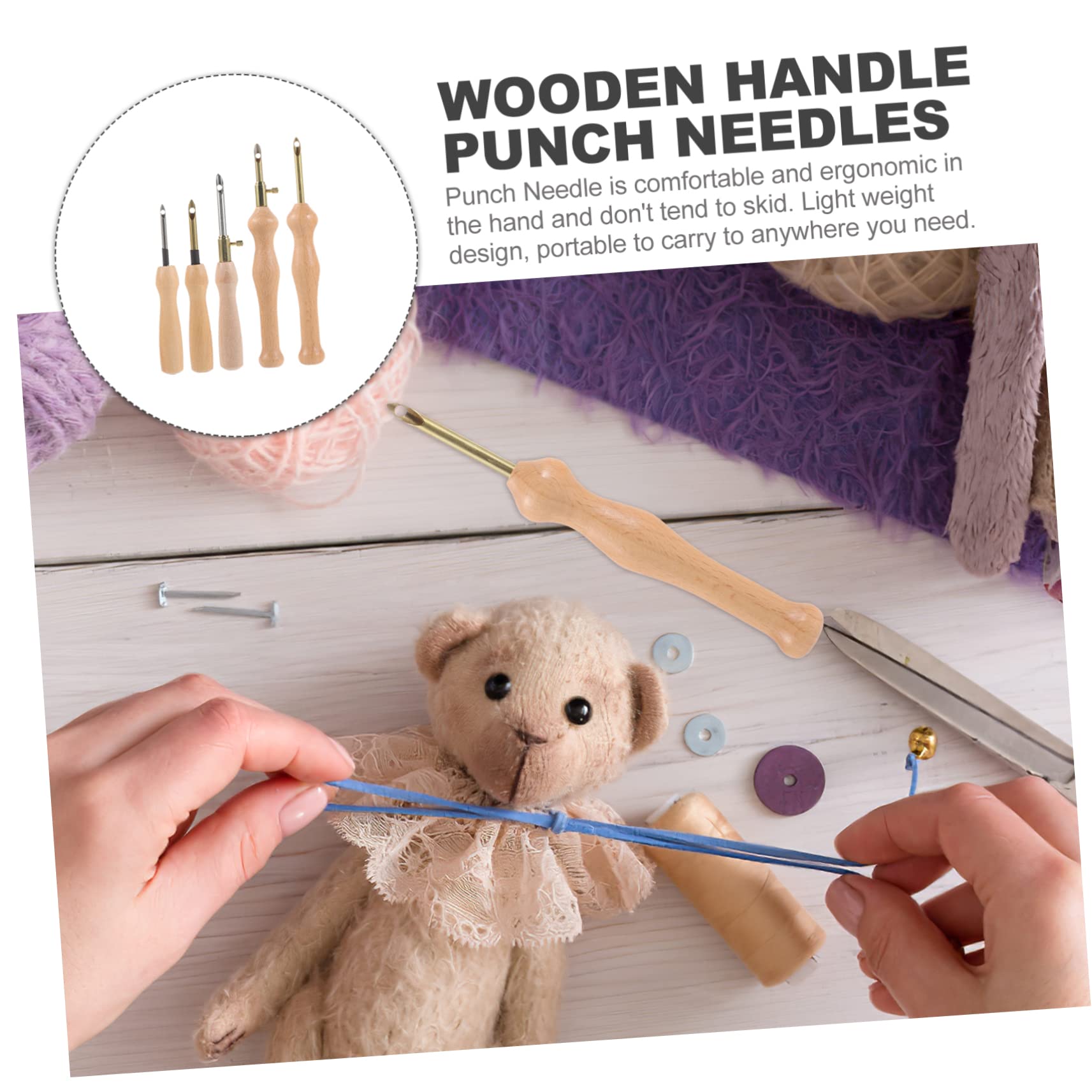 Veemoon Ergonomic Wooden Handle Punch Needles 5pcs Set for Craftwork Embroidery Fun
