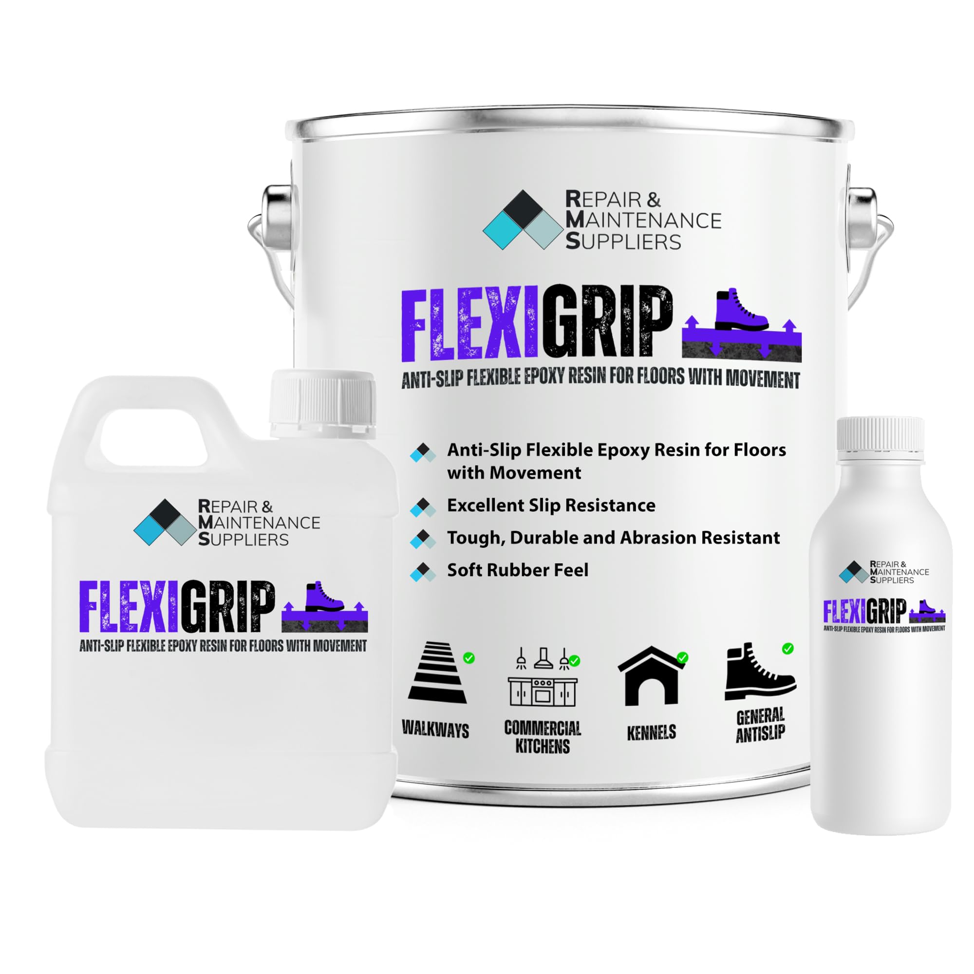 RMS Flexigrip Anti-Slip Flexible Epoxy Resin Soft Rubber Feel 2 Pack Floor Coating Paint | Ideal for Raised Floors, Mezzanine Areas, Wet Rooms, Swimming Pool Surrounds, and Kennels