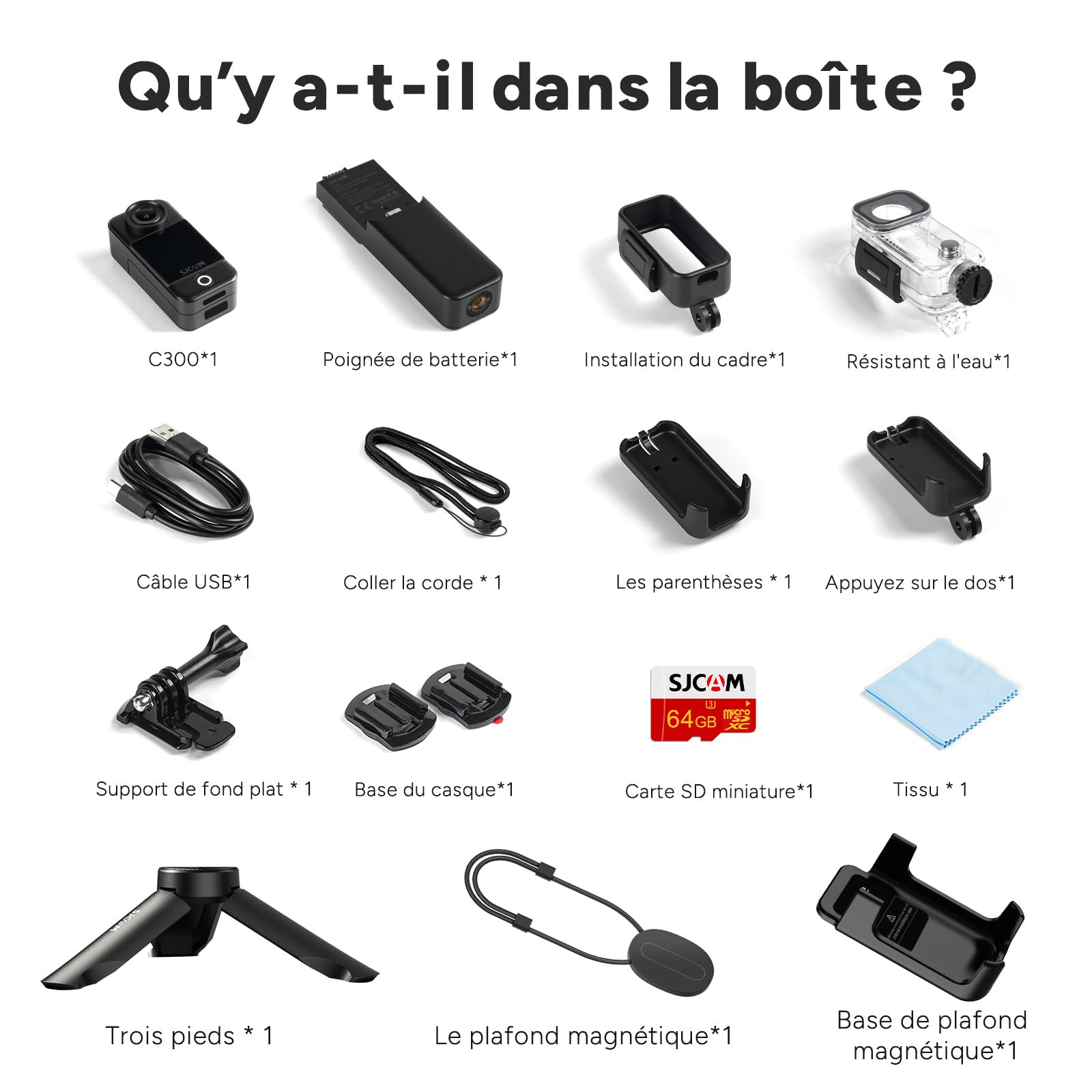 SJCAM C300 Camera Vlog 4K,460 Min d'Autonomie,Double Écran Tactile,Caméra Sport Aquatique,Stabilisation 6 Axes,Idéale pour Vlog,Voyages,Activités Extérieures,Kit avec Accessoires,Noir (64G)