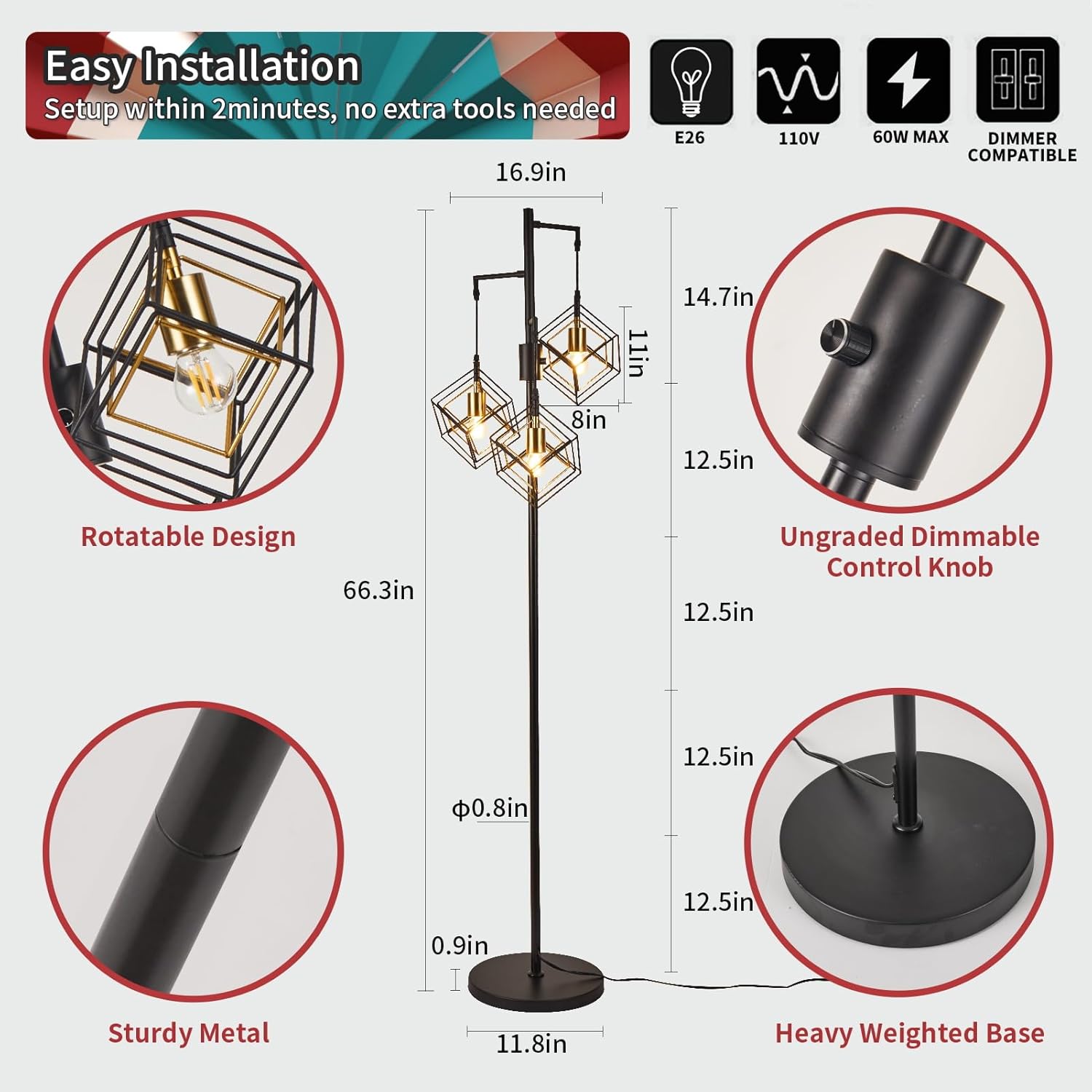 Dimmable Farmhouse Floor Lamp for Living Room, 3 Light Rustic Standing Tall Lamp, Modern Bright Floor Lamp, Industrial Standing Lamp for Bedroom, Tall Pole Lamps Office, 3 LED Bulbs Included.