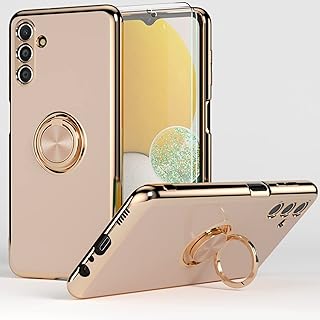 Jasmeas Capa compatível com Samsung Galaxy A13 5G com 2 películas protetoras de tela, com suporte de anel banhado a ouro rosa, capa com suporte de 360°, fina, macia, flexível, TPU (poliuretano termoplástico), para mulheres - rosa