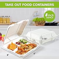 Vista 4 de ECOLipak Paquete de 50 recipientes de comida para llevar, 100% compostables, desechables, para llevar, 8 x 8 pulgadas, 3 compartimentos resistentes