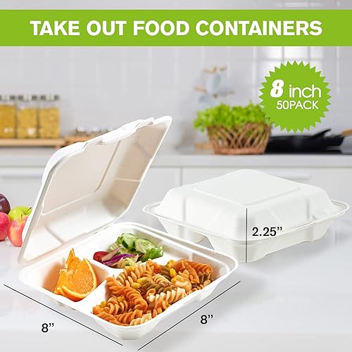 Miniatura 4 de ECOLipak Paquete de 50 recipientes de comida para llevar, 100% compostables, desechables, para llevar, 8 x 8 pulgadas, 3 compartimentos resistentes