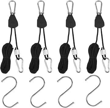 Grow Light Rope Hanger 2Pairs, Adjustable Rope Ratchet Hangers 150 Lbs per Pair with Stainless Steel 2.5" S Hook