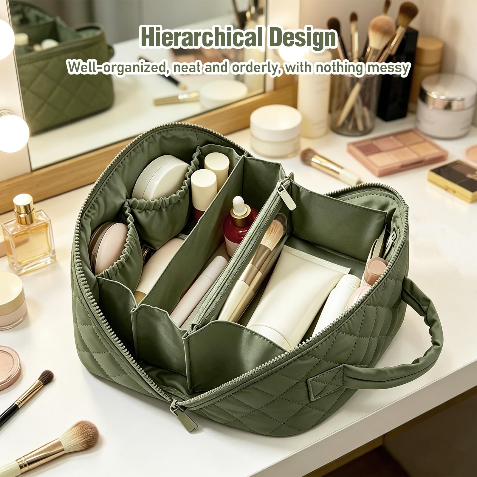 Beauty case da donna con apertura a 180° e scomparti organizer, grande capacità beauty case e trousse da viaggio, verde