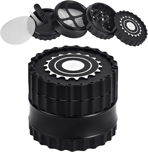 Premium Herb Grinder, Metal Grinder 2.5 Inches 4 Piece Pollen Catcher Durable Aluminum Alloy Spice Grinder Pyramidal Sharp Tooth Chain Shape for Kitchen (Black)