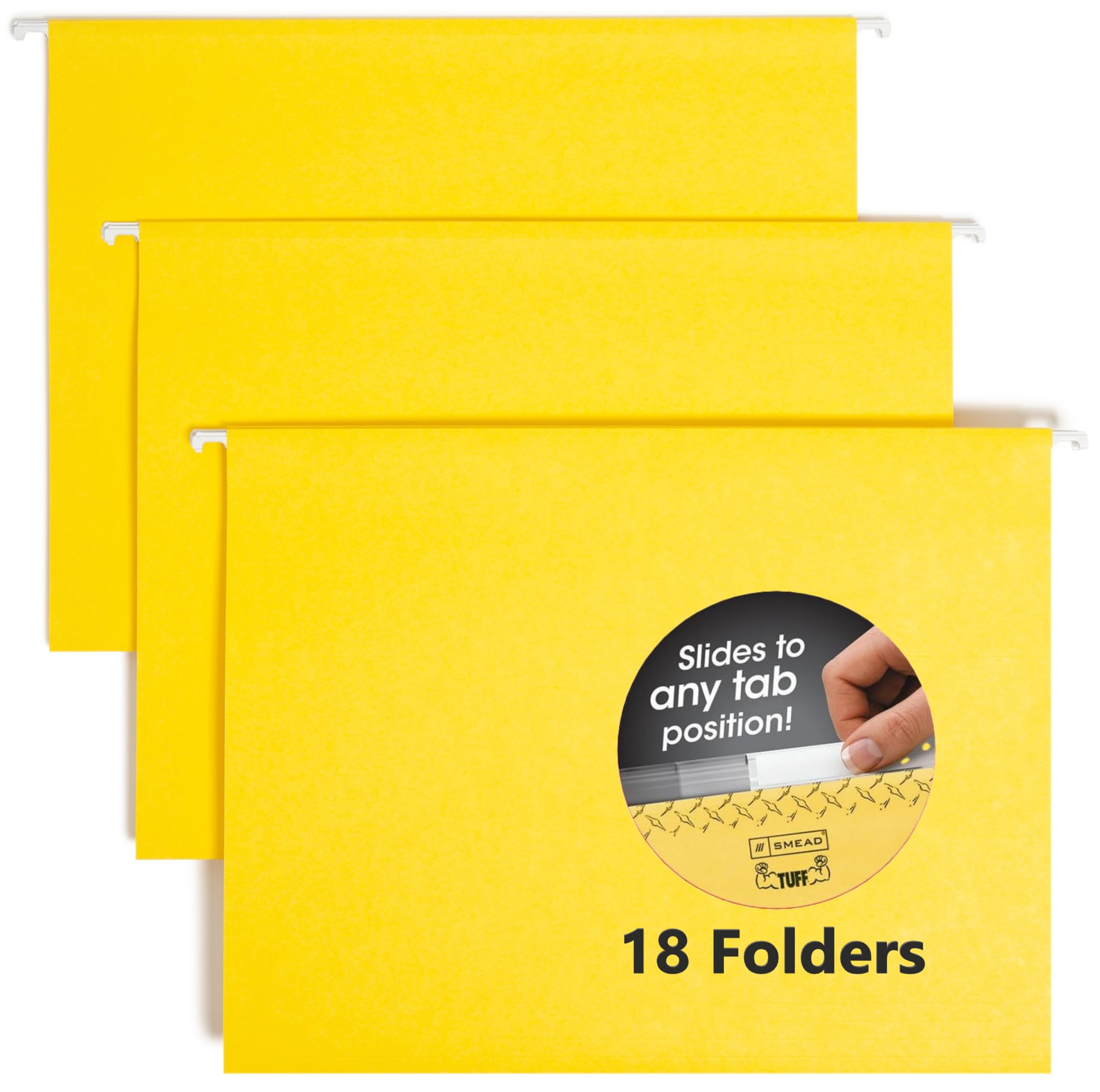 Smead TUFF® Hanging File Folder with Easy Slide™ Tab, 1/3-Cut Sliding Tab, Letter Size, Yellow, 18 per Box (64044)