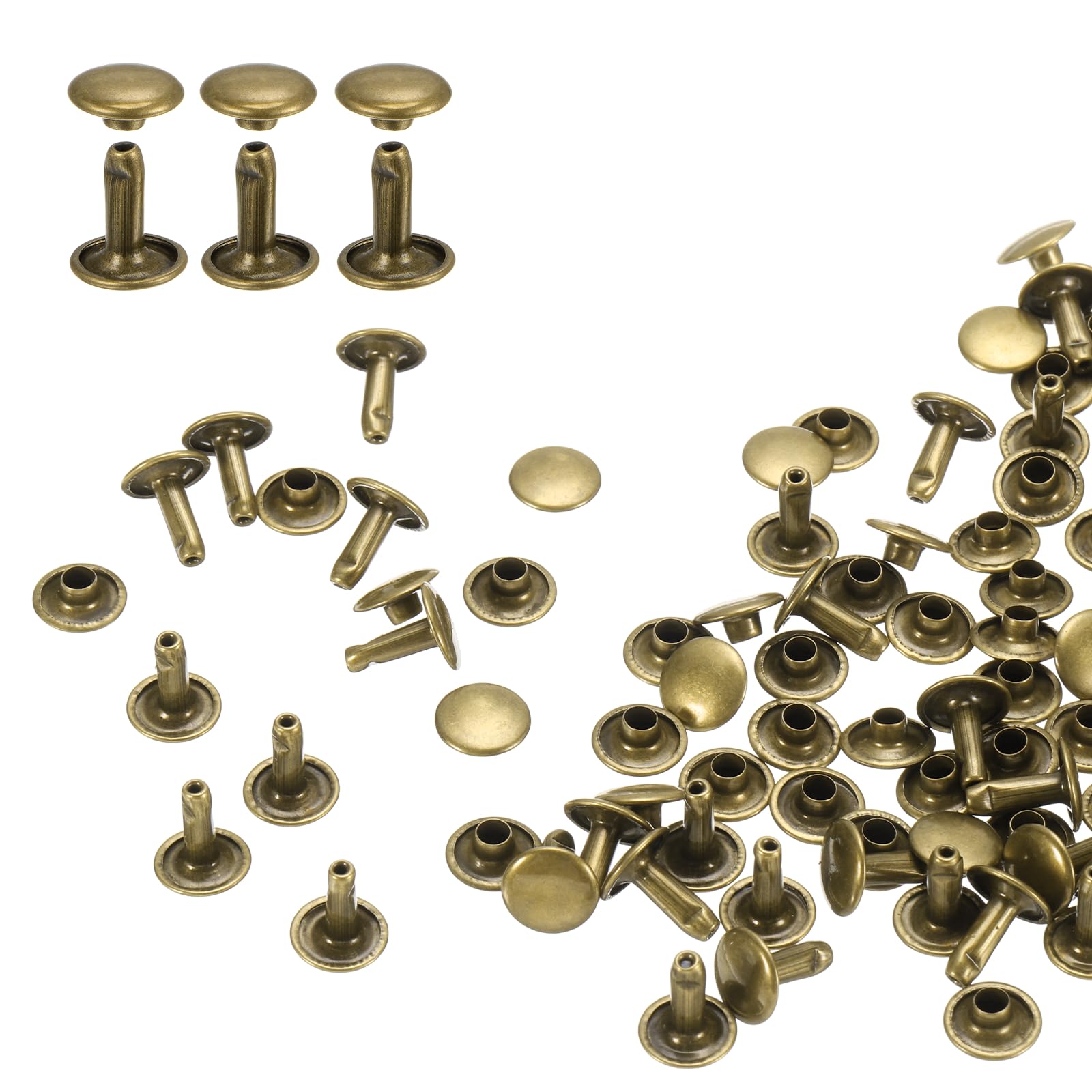 sourcing map 80 Sets Double Cap Rivets 9x10mm Carbon Steel Round Head Snaps Studs Fasteners Tubular Metal Studs for Leather Craft Repairs Decoration, Bronze