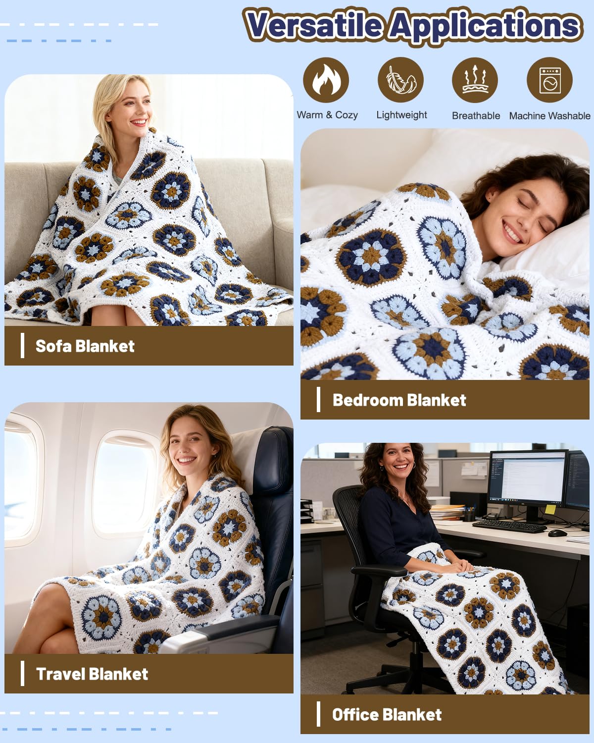 Coopay Häkeldecken-Set für Anfänger, quadratisches All-in-One-Set mit Schritt-für-Schritt-Video und genug Garnen – Master Granny Square Häkeln einfach, ideales Geschenk für Bastelliebhaber (Mokka-Blau