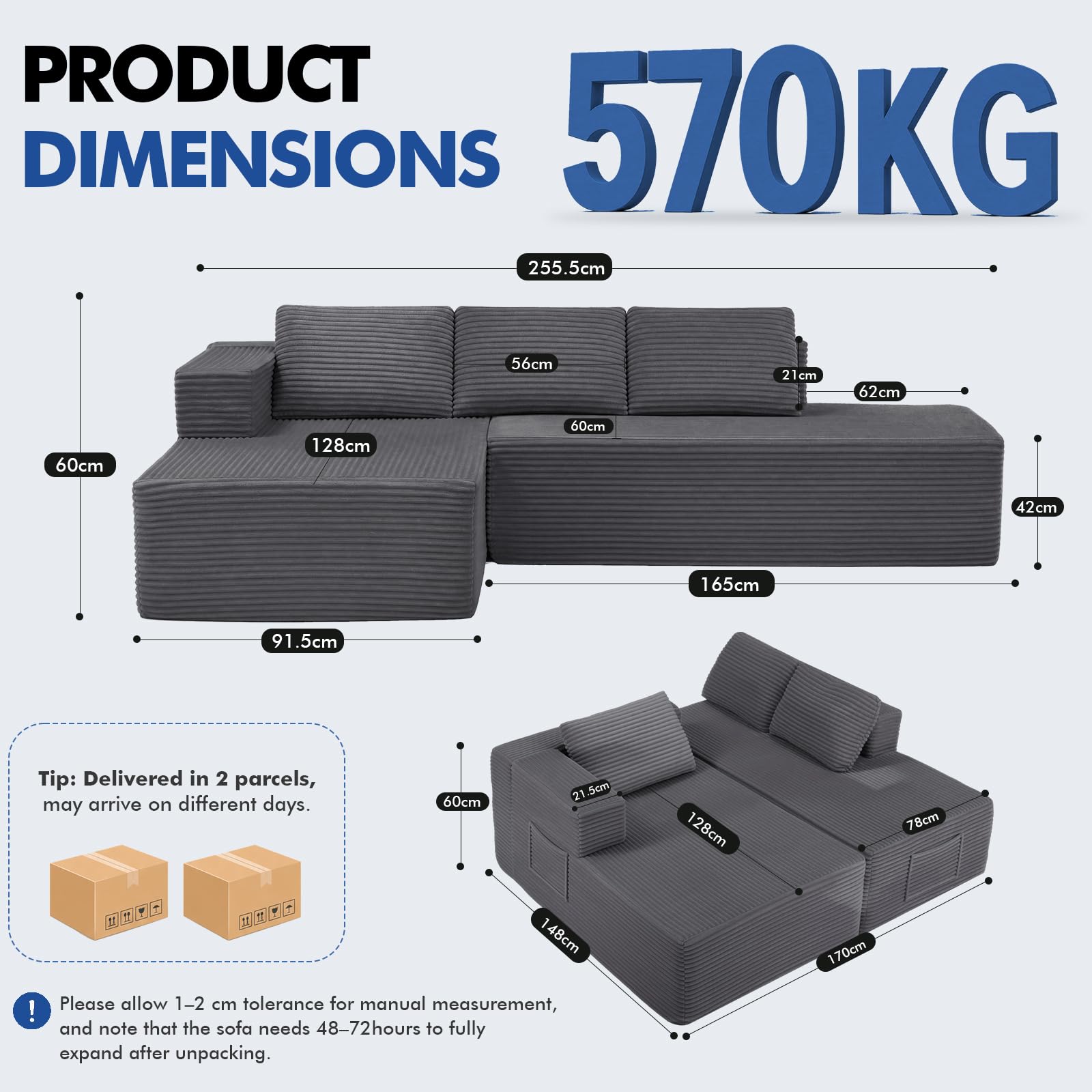 COMHOMA Divano angolare con funzione letto, 255 cm, in velluto a coste, modulare, con chaise longue e schienale in metallo, divano letto a forma di L con design aperto, cuscino e tasche laterali, per