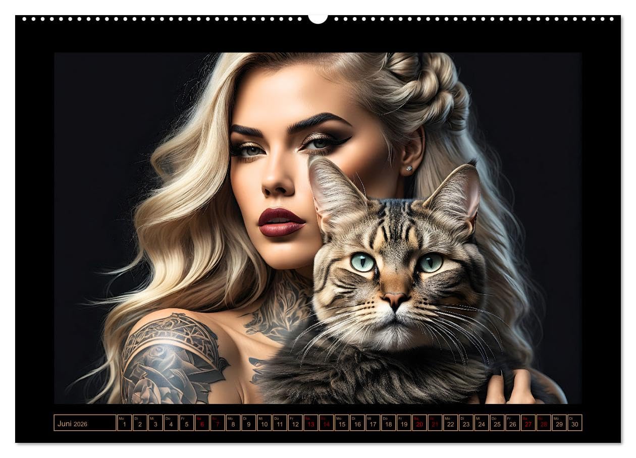 Geheimnisvolle Katzenfrauen (hochwertiger Premium Wandkalender 2026 DIN A2 quer), Kunstdruck in Hochglanz: Zauberhafte Porträts anmutiger Samtpfoten ... verführerischen Gefährtinnen (CALVENDO Tiere)