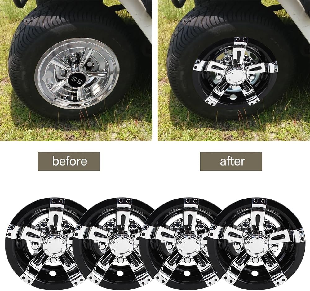 8 inch Center Caps Wheel Covers 4pcs Chrome and Black Compatible with Golf Cart EZGO Club Car Yamaha Wheels and Tires Hubcaps (Not fit EZGO RXV carts)